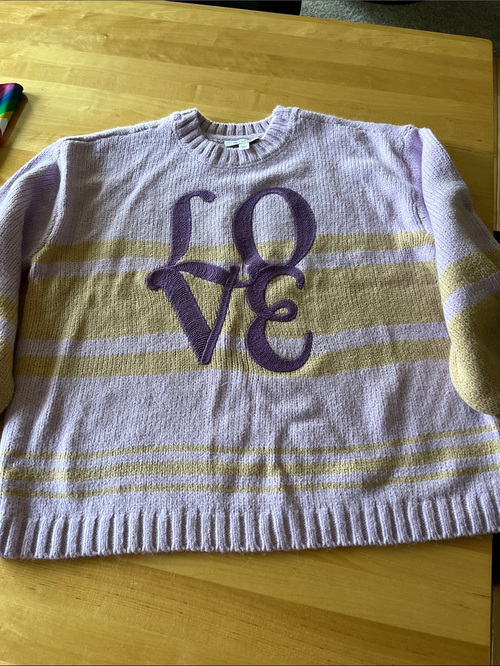 Lavender & Yellow Striped Crewneck Sweater with Purple 'LOVE' Applique